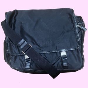 Prada Black Tessuto Saffiano Trimmed Double Buckle Messenger Bag